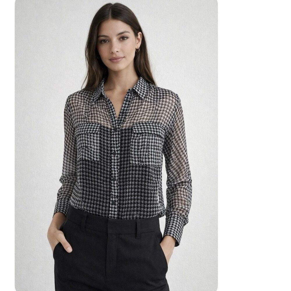 Equipment Femme Signature Silk Houndstooth Sheer Chiffon Button Down Shirt Sz M - Picture 6 of 9